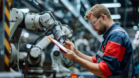 Advanced manufacturing engineering employee checking robotic arm